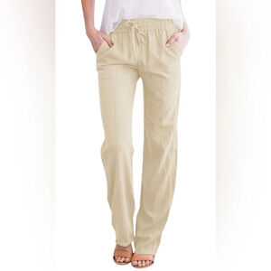NEW Linen Blend Drawstring Casual Loose Wide Leg Lounge Beach Pants S 26/27”